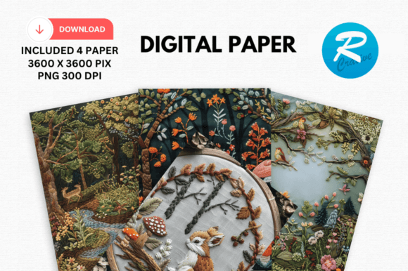 Woodland Embroidery Digital Paper Design Review